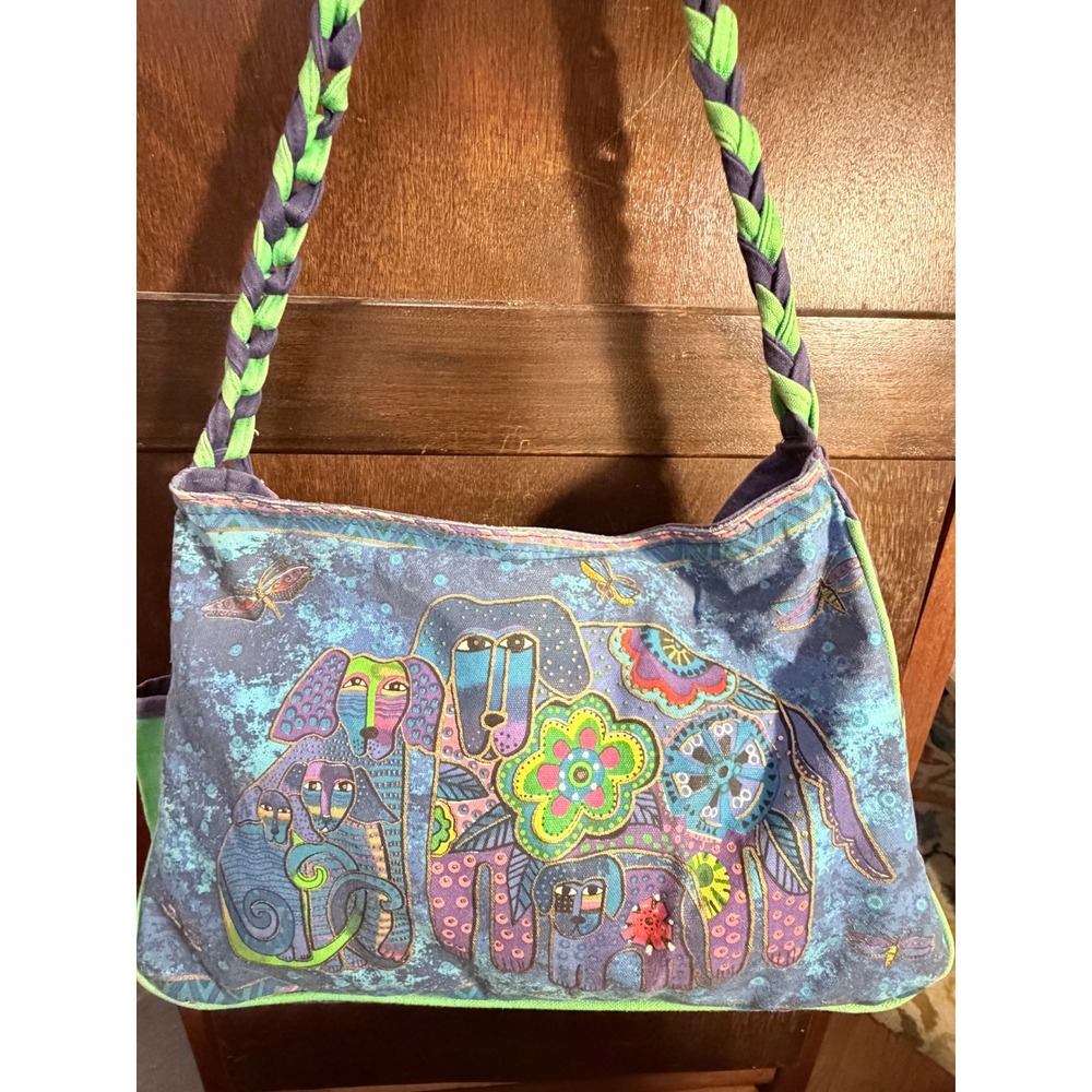 Laurel Burch Whimsical Dog Canvas Shoulder Bag Beaded Sequin‎ Blue Green Tote